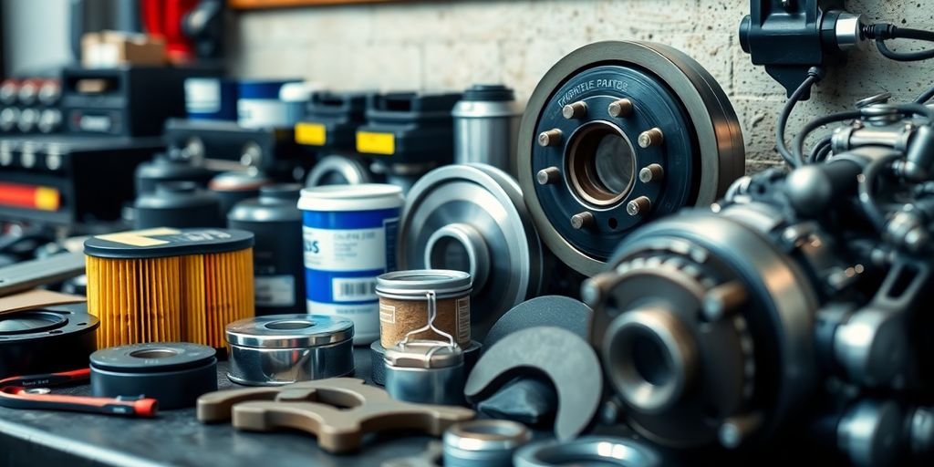 Chrysler replacement parts neatly arranged on a workbench.