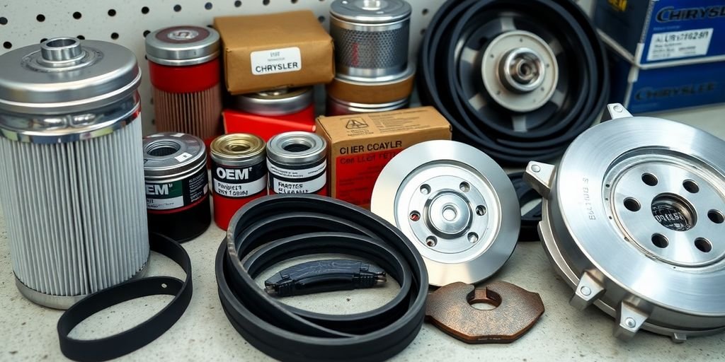 Chrysler car parts neatly arranged.
