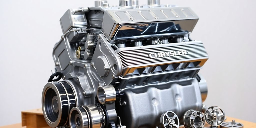 Close-up of new, shiny Chrysler car parts.
