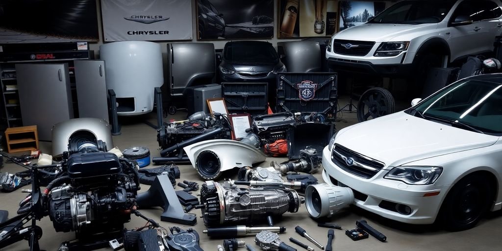 Chrysler car parts arranged neatly.