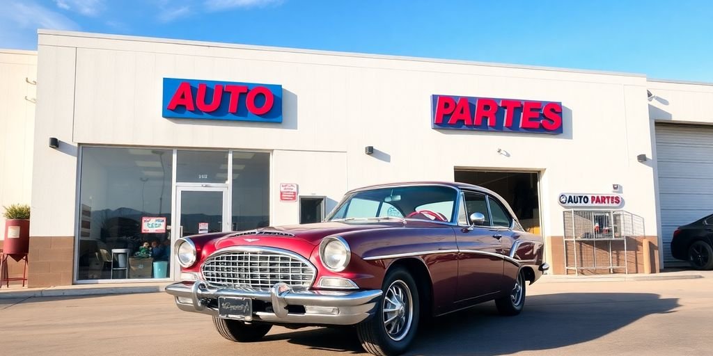 Chrysler vehicle parked outside a parts shop.