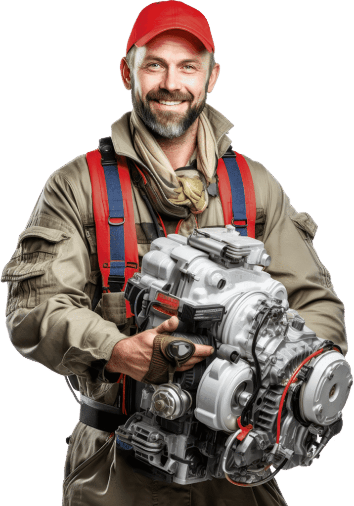a mechanic, holding a car engine