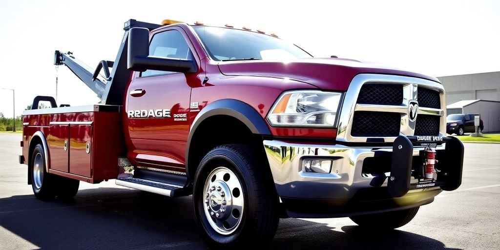 Dodge Ram wrecker truck parked on asphalt lot.