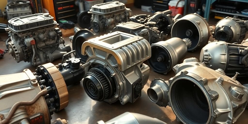 Chrysler car parts laid out neatly.