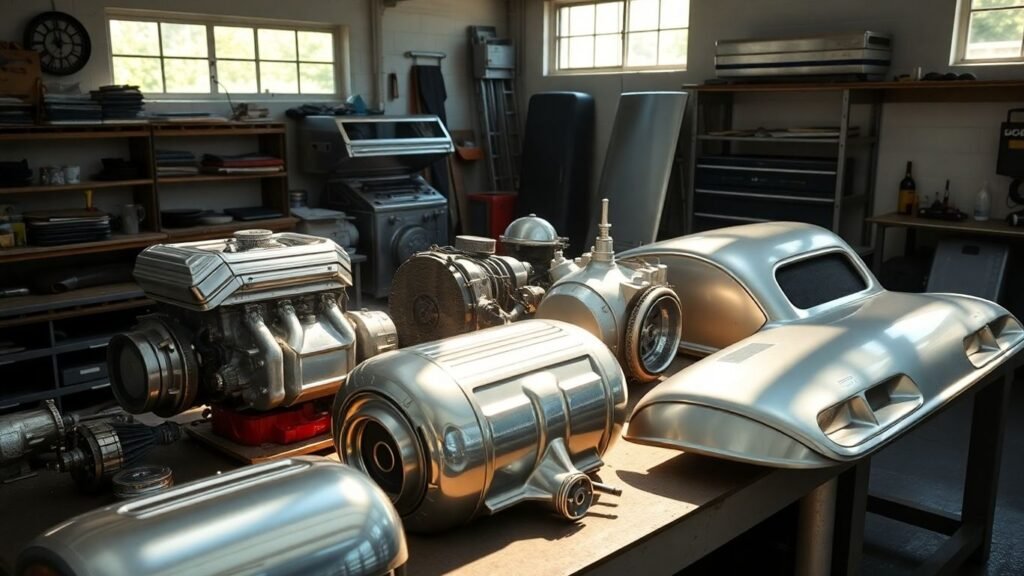 Dodge car parts arranged on a workbench
