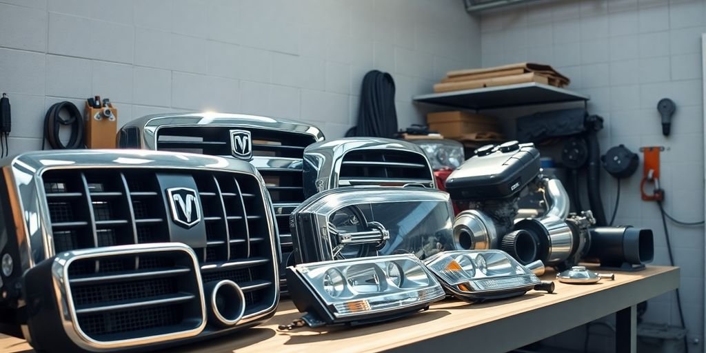 Dodge Ram truck parts arranged in a garage