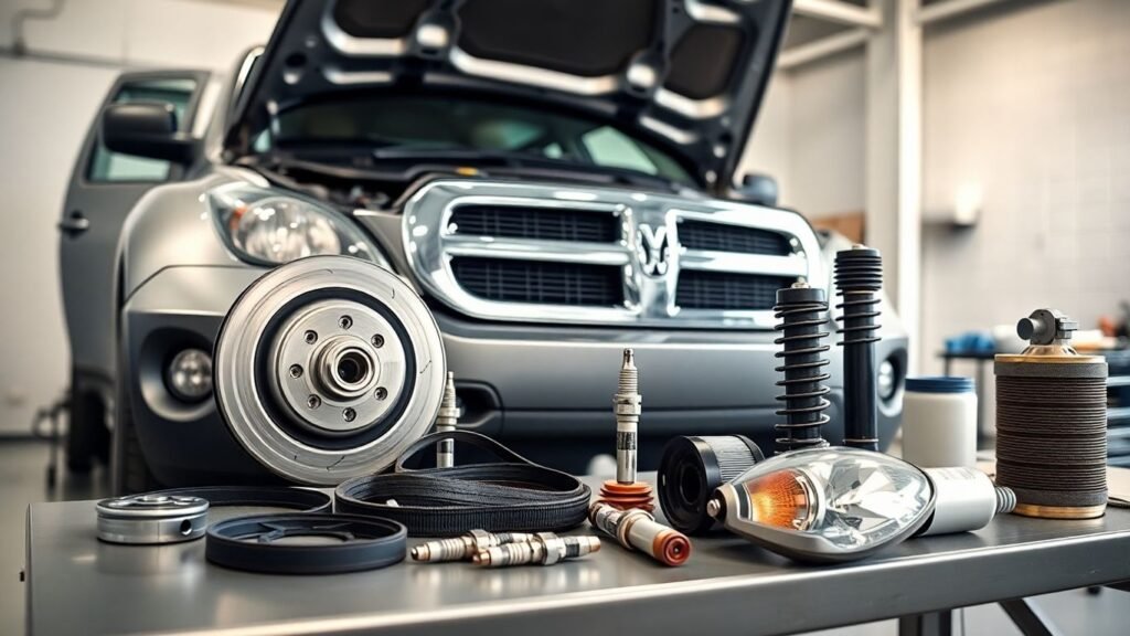 Dodge Nitro in garage with assorted replacement parts on workbench.