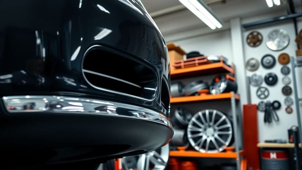 Used Chrysler car parts including bumpers and wheels.