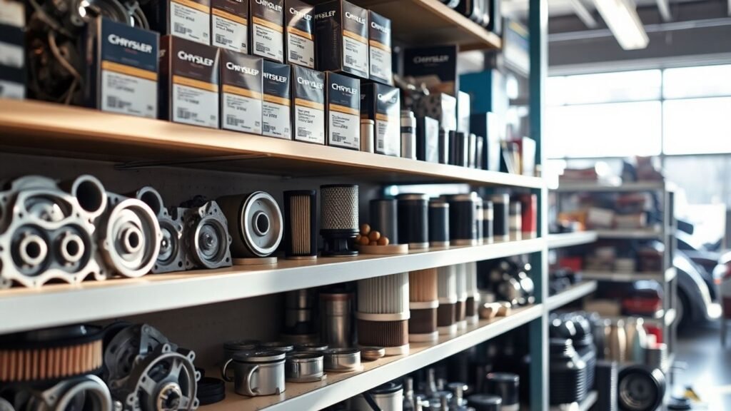 Genuine Chrysler auto parts on a shelf.