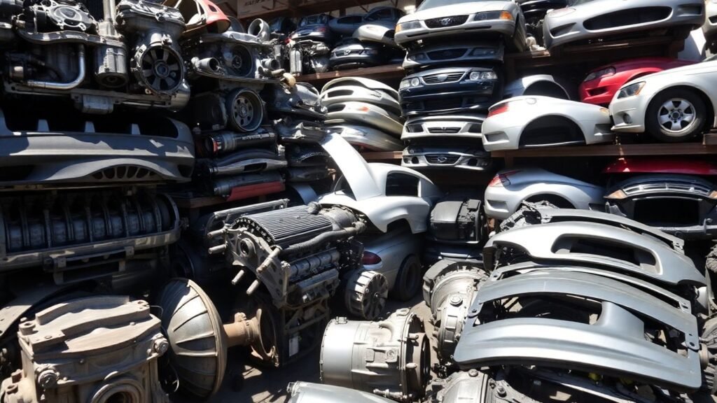 Quality used Chrysler car parts neatly organized in a yard.
