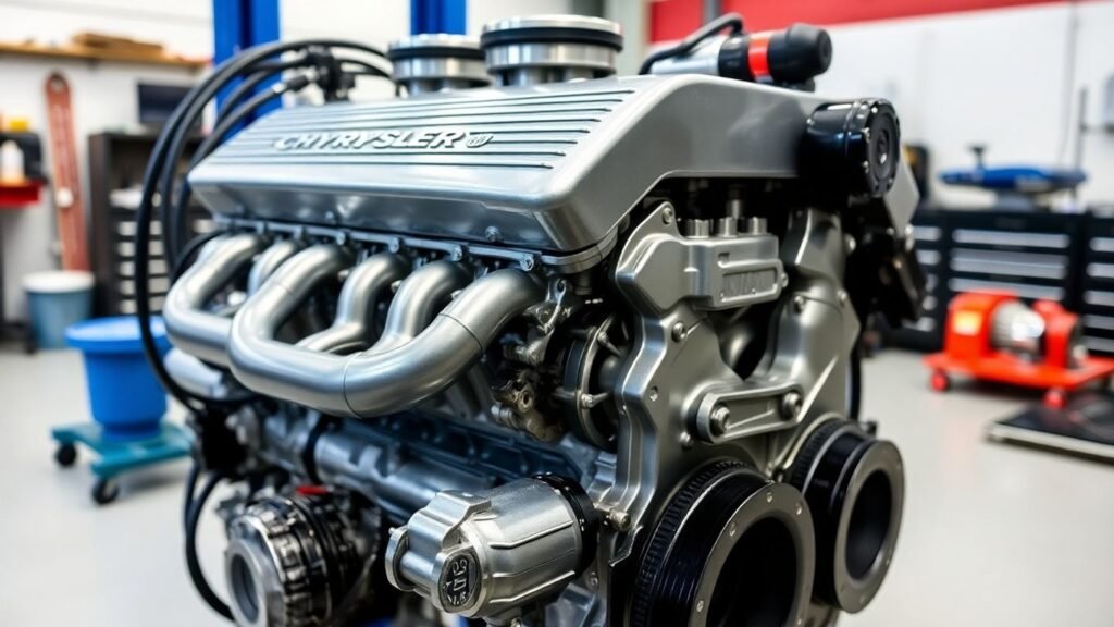 Chrysler engine replacement parts and tools in a workshop.