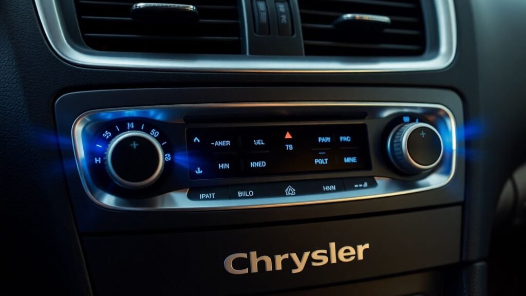 Chrysler car AC dashboard with cool air from vents.