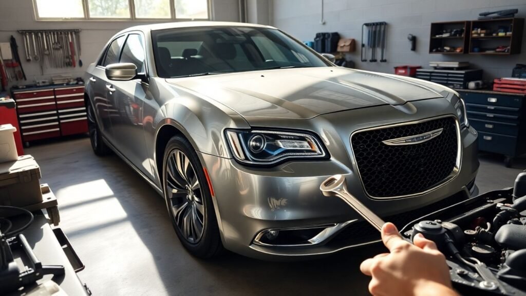 Chrysler vehicle maintenance routine with tools and car.