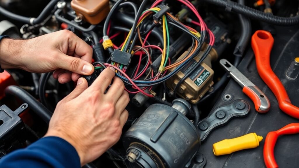 Chrysler electrical system repair with wires and tools.