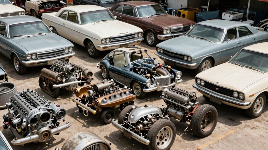 Chrysler car parts in a salvage yard