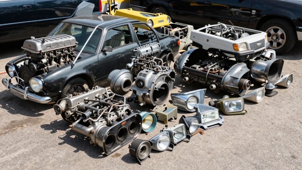 Chrysler car parts in a wrecking yard.