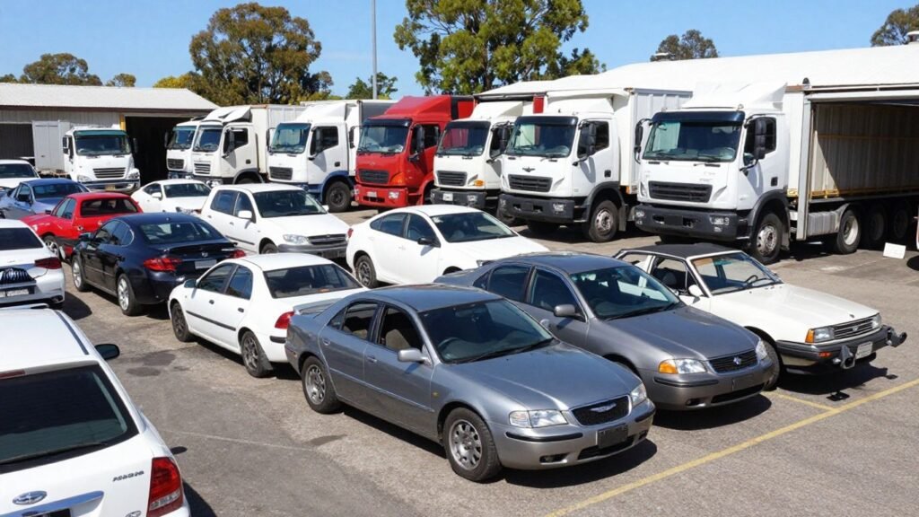 Chrysler car parts at a Perth wrecking yard with trucks.