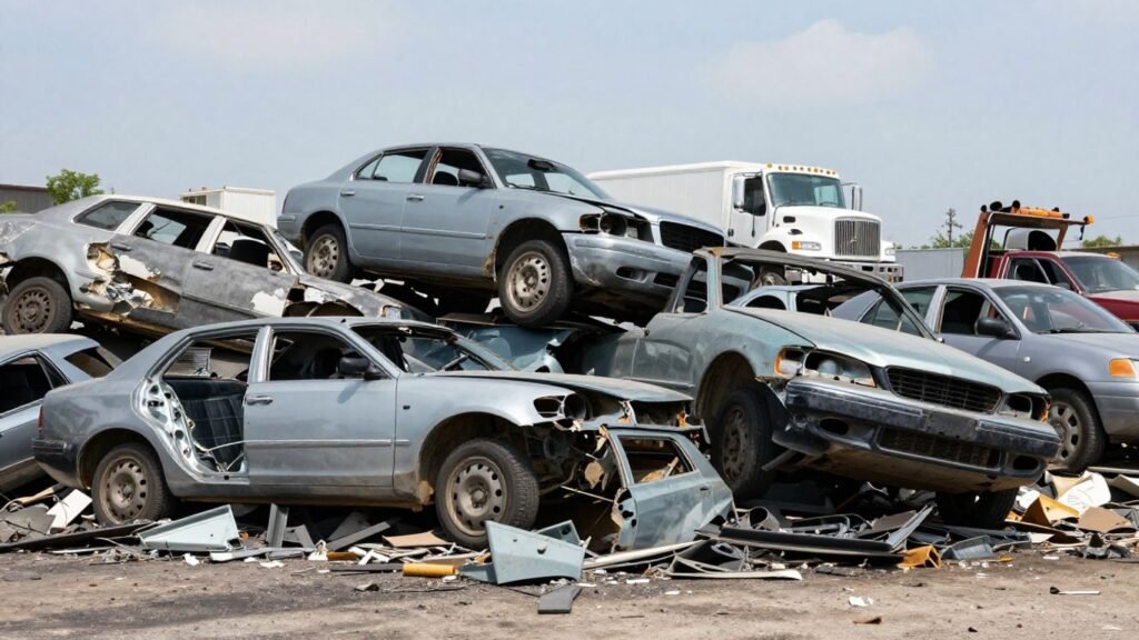 Crushed Chrysler cars in a junkyard