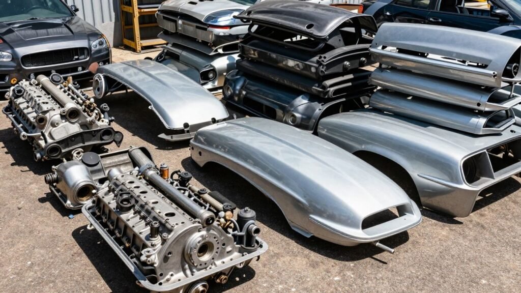 Chrysler car parts in a recycling yard in Newcastle.