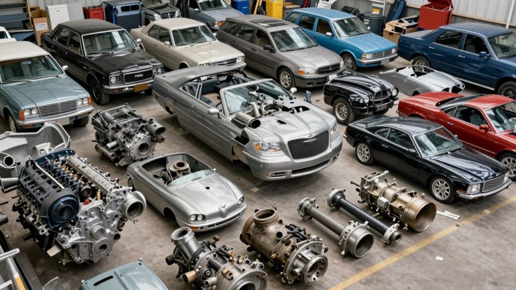 Chrysler car parts for sale at a wrecking yard.