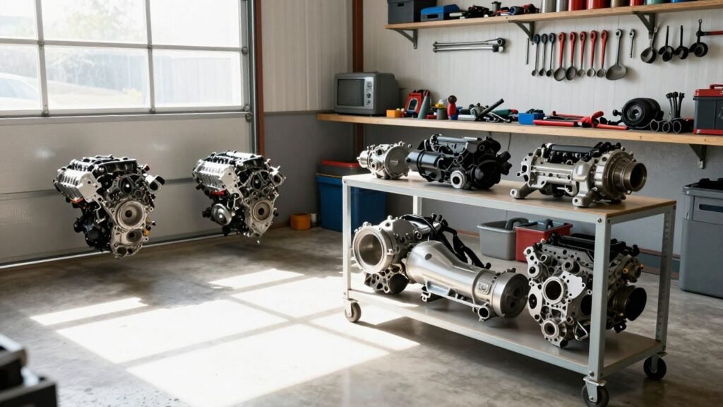 Used car engines and transmissions in a garage.
