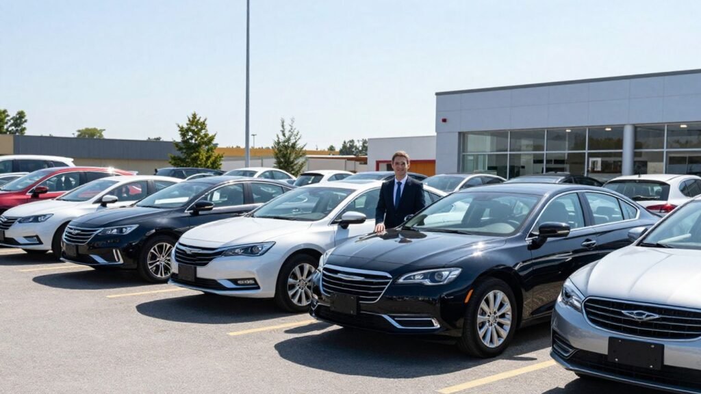 Chrysler dealership lot with cars and salesperson.