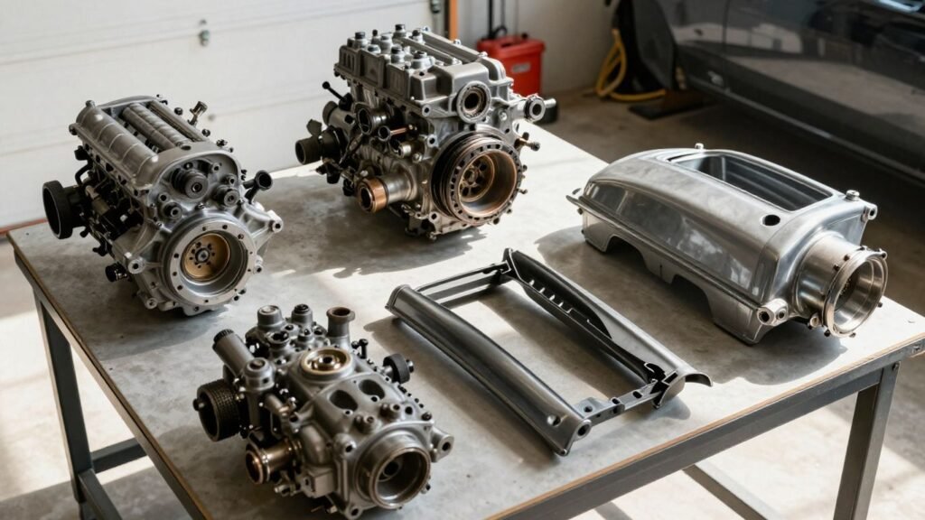 Used Chrysler car parts laid out for a project.