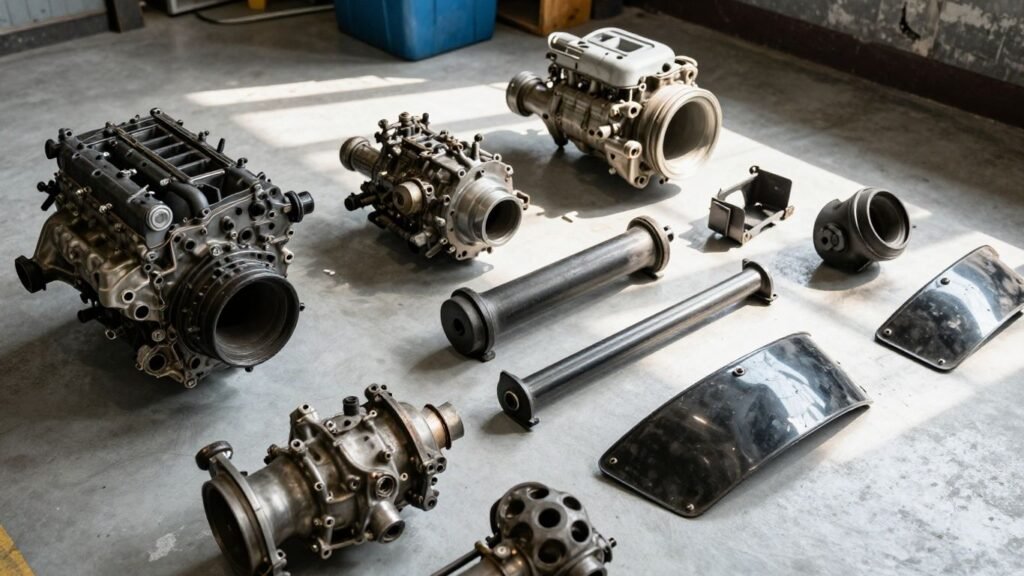 Used Chrysler car parts laid out for sale.